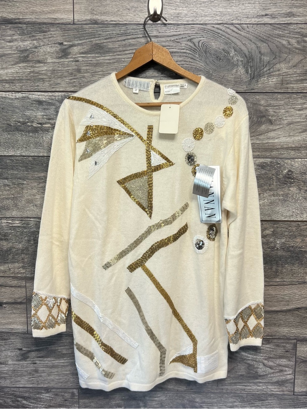 NWT Vintage 1980s Shannan Cream Knit Top with Sequin Design- lambs wool and rabb